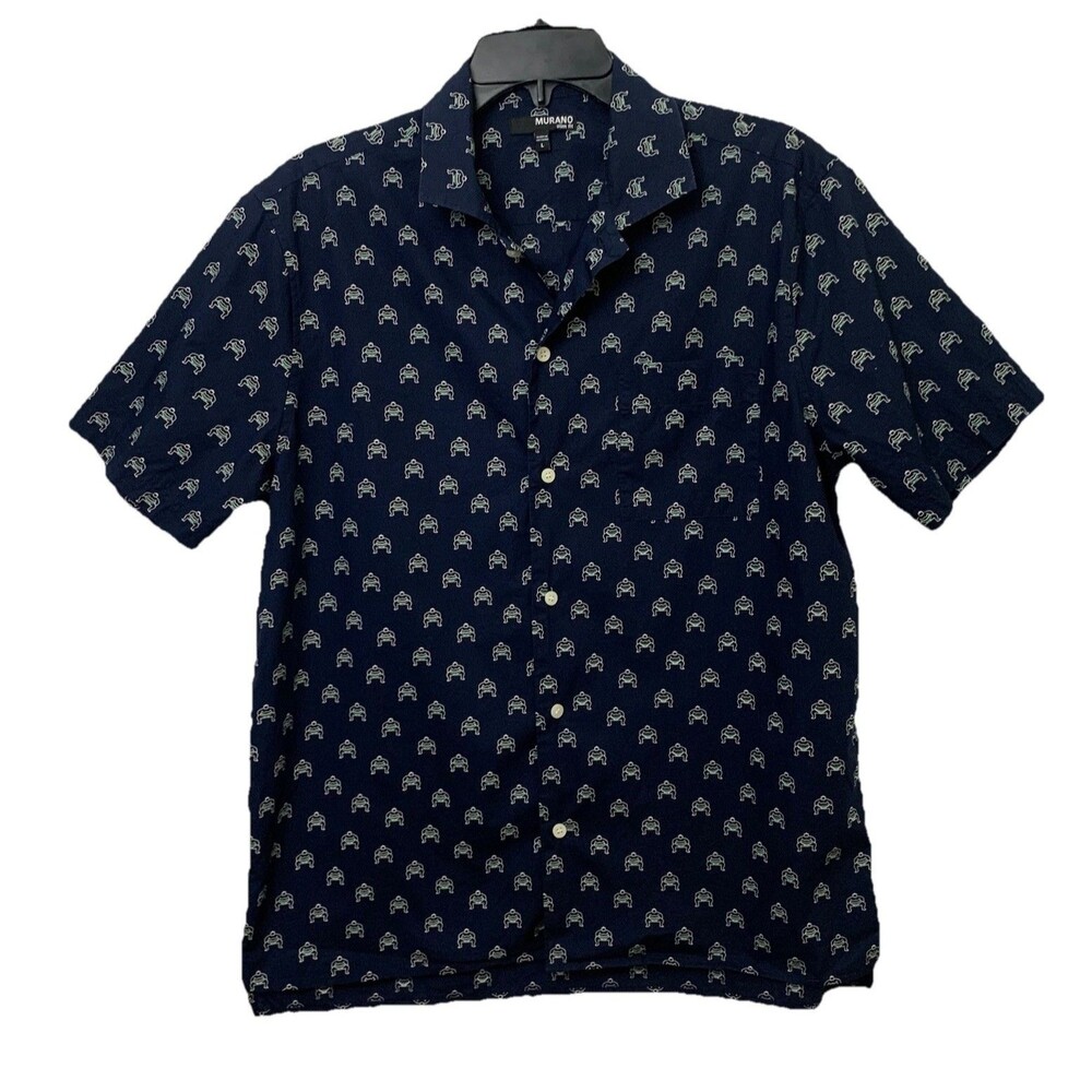 Murano Shirt Slim Fit Cotton Button Up Novelty Sumo Wrestler Print Mens L Navy
